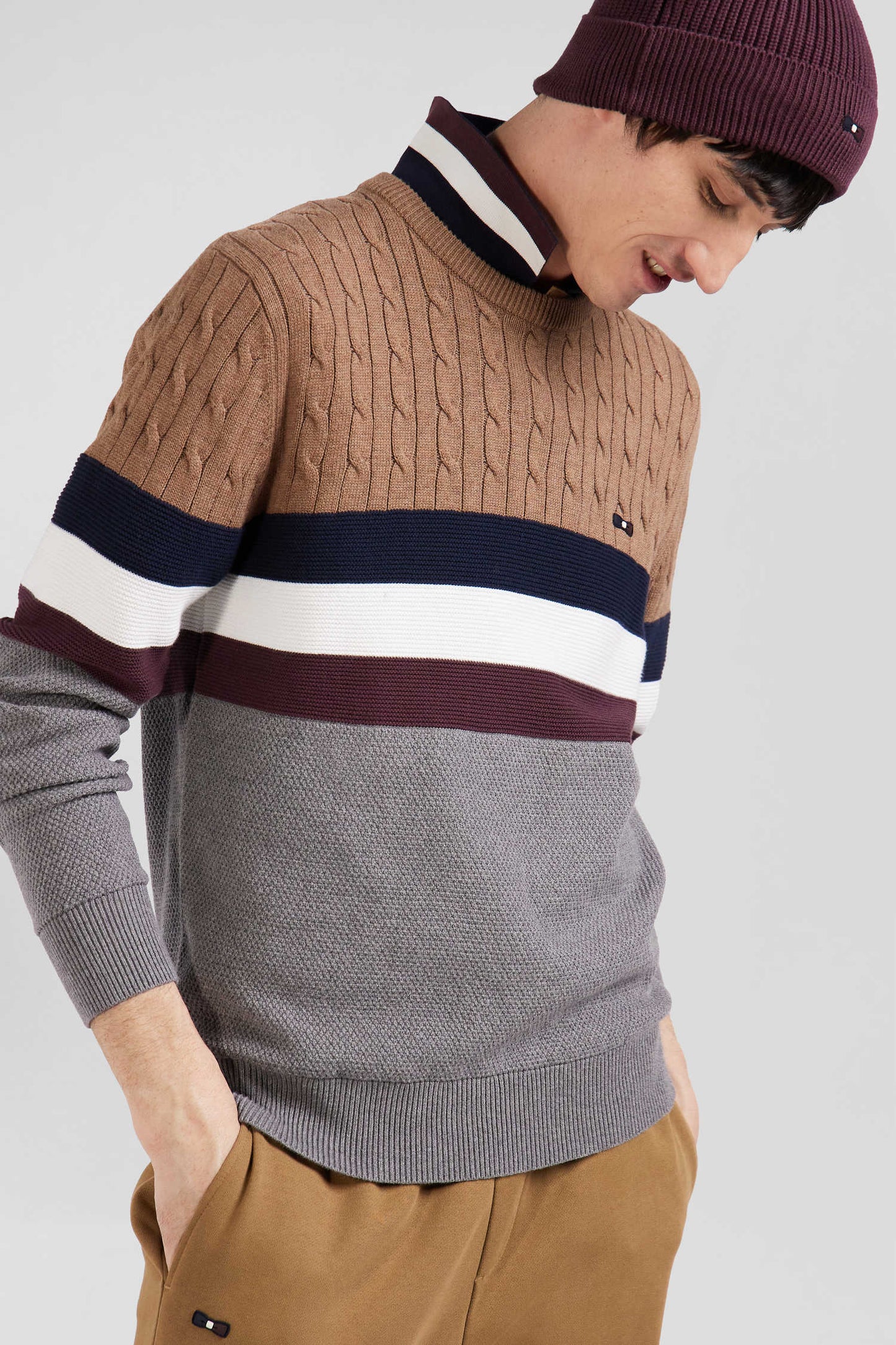 Round-neck sweater in fancy hazelnut cotton knit Regular fit