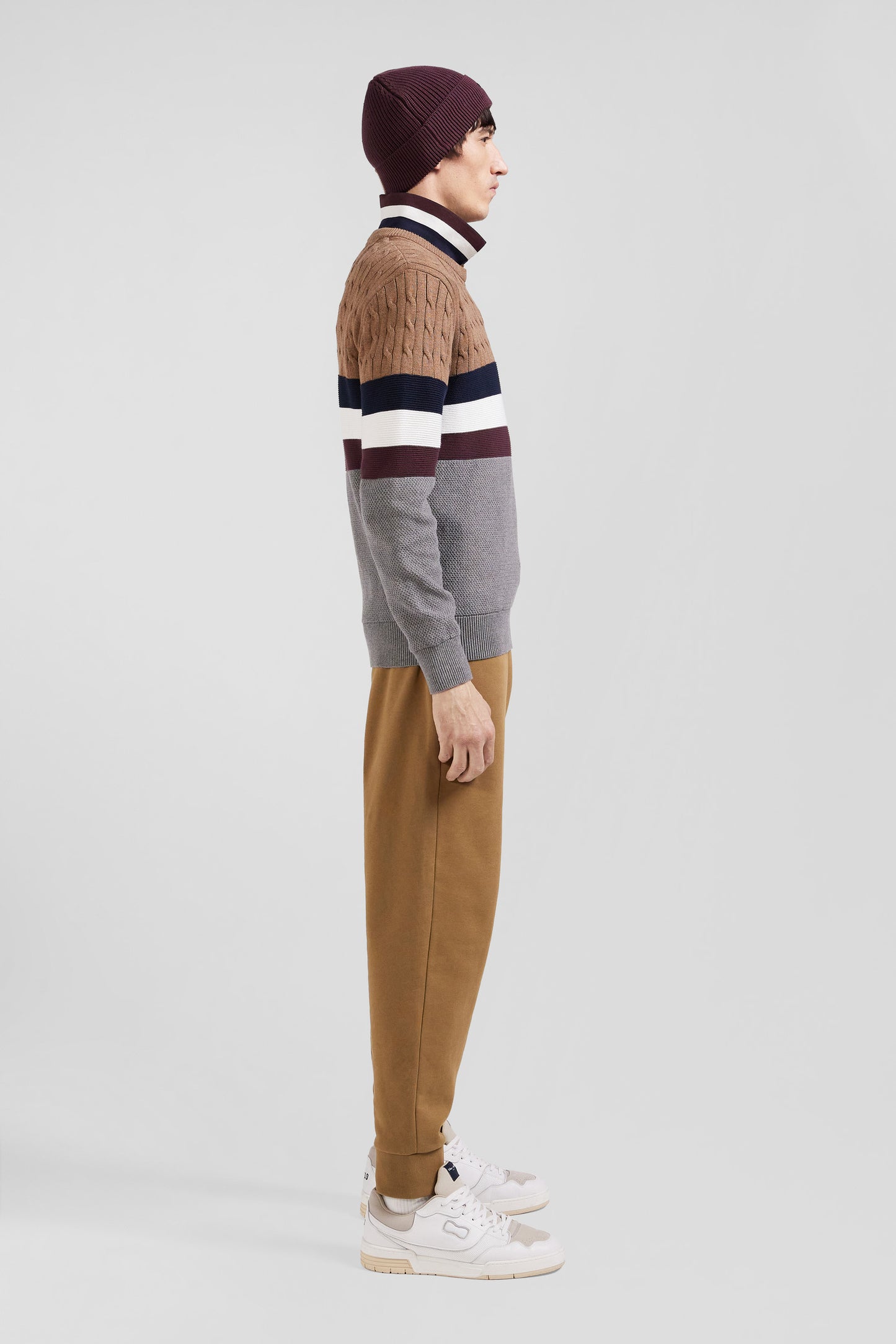 Round-neck sweater in fancy hazelnut cotton knit Regular fit
