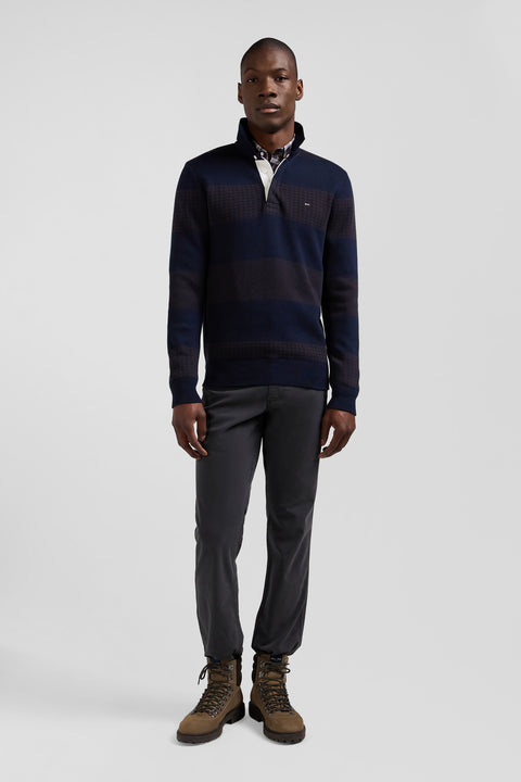 Regular brown striped cotton jumper with houndstooth jacquard and rugby shirt collar - Image 1