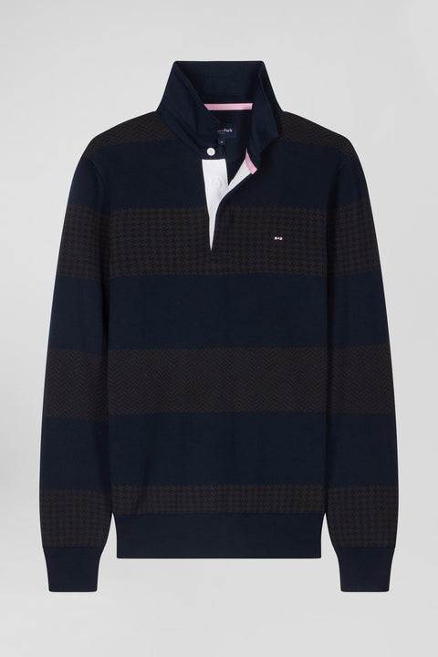 Regular brown striped cotton jumper with houndstooth jacquard and rugby shirt collar - Image 2