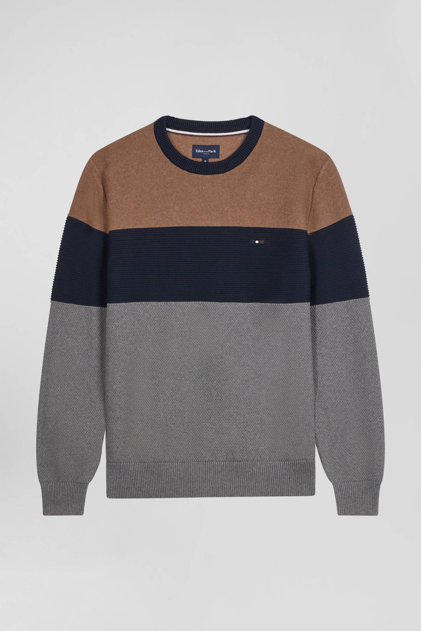 Round-neck sweater in grey and hazelnut cotton with regular-cut knits