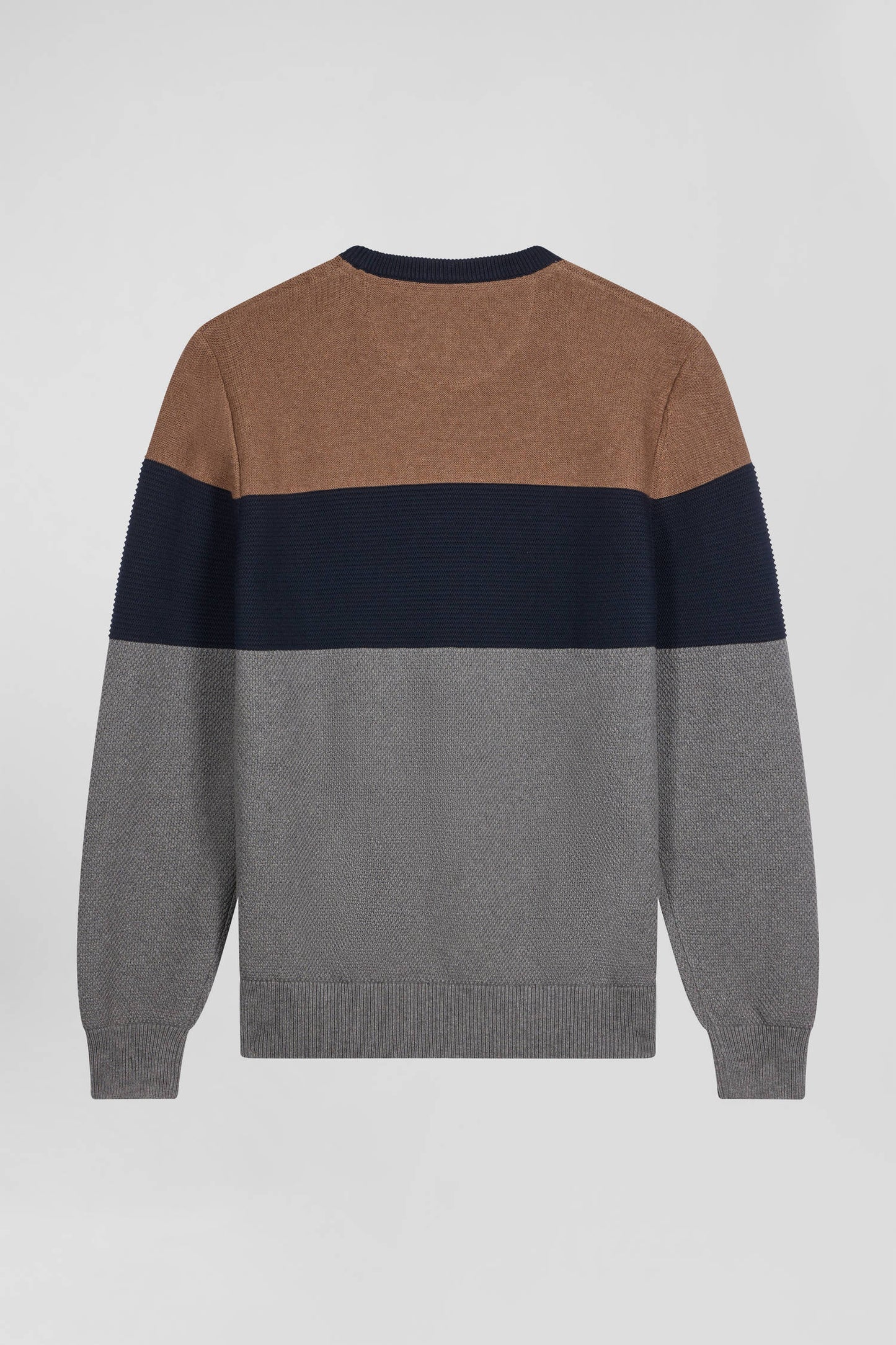 Round-neck sweater in grey and hazelnut cotton with regular-cut knits