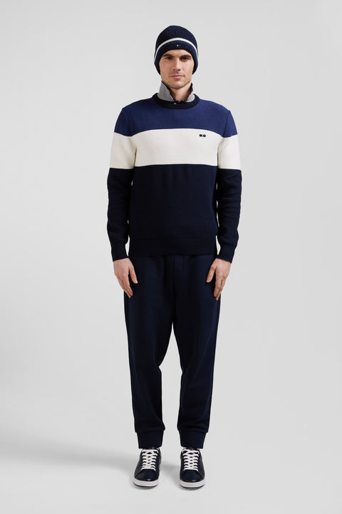 Regular navy and blue cotton crew neck jumper with knit patterns - Image 1
