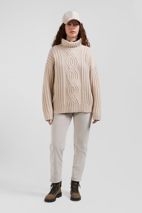 Oversize ivory wool blend high neck jumper with bow effect - Image 1
