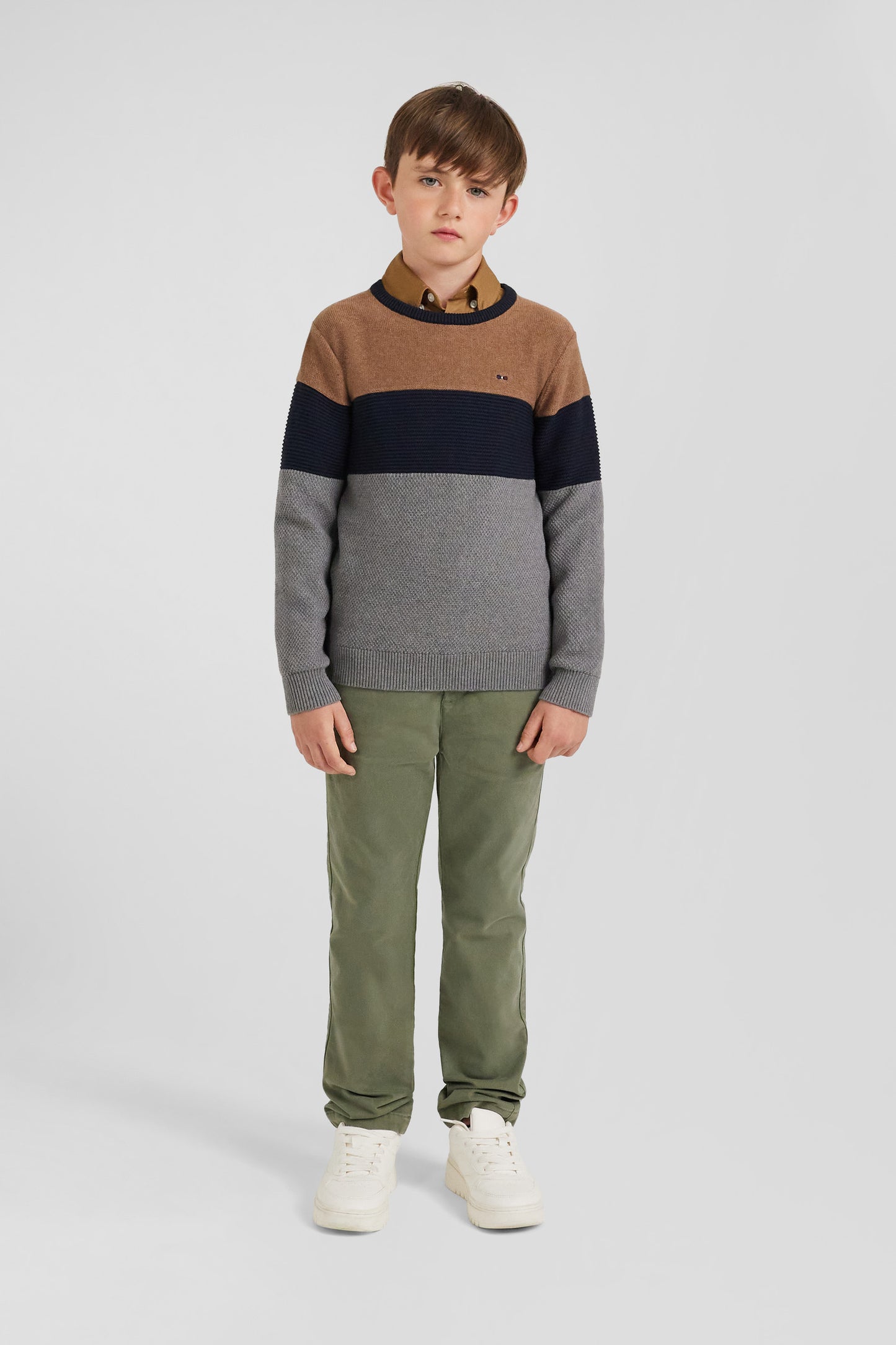 Pull col rond tricolore en coton noisette coupe Regular