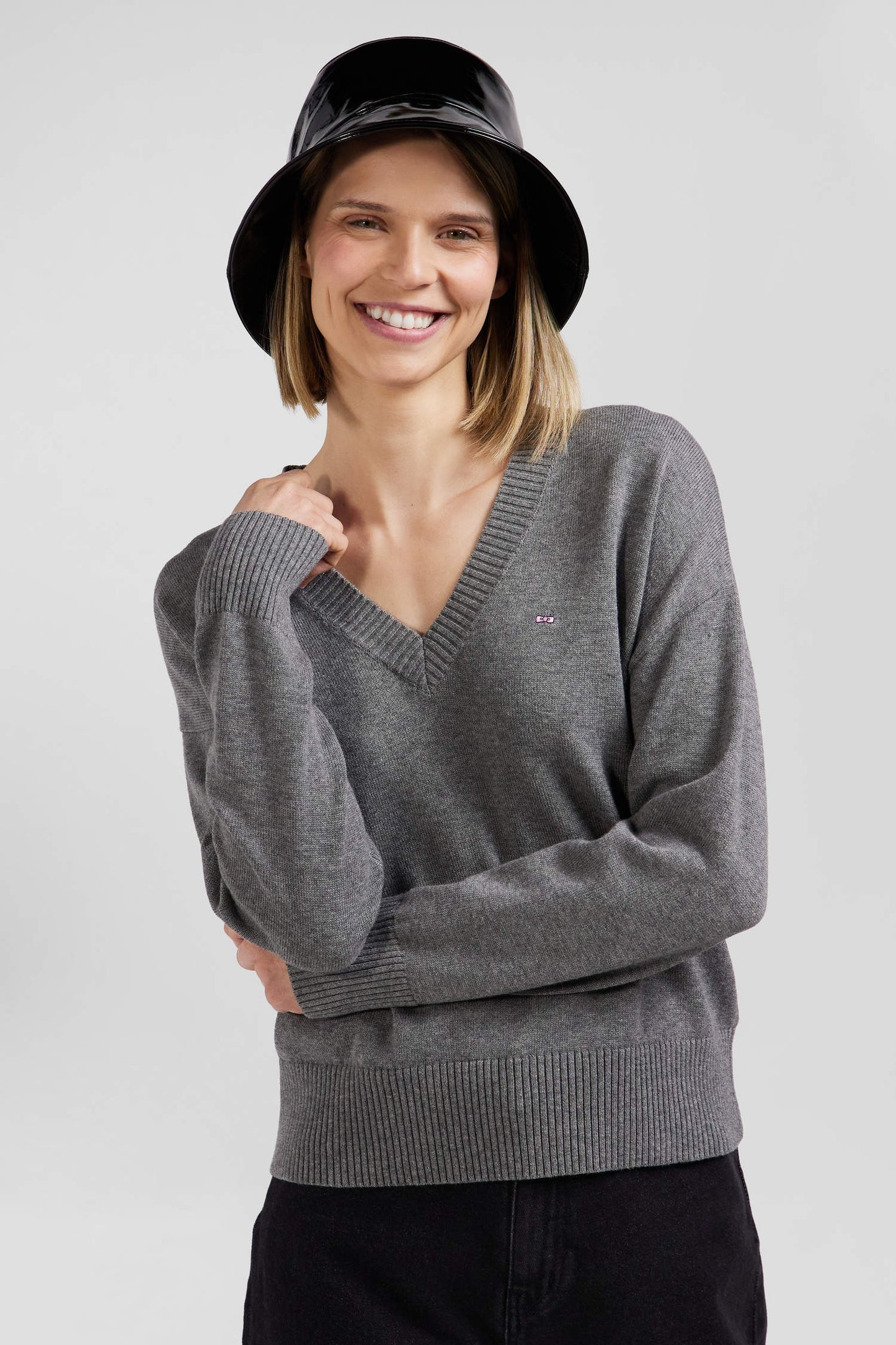 Pull col V en laine et coton gris anthracite coupe Relaxed