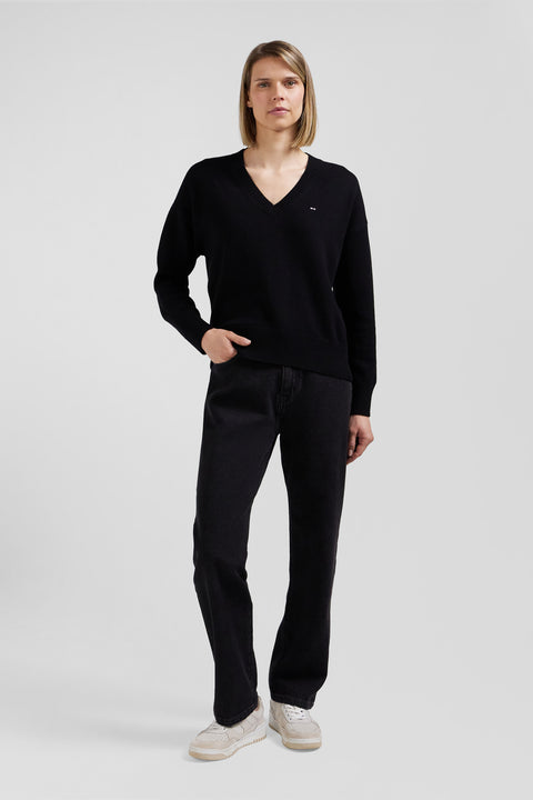 Pull col V en laine et coton noir coupe Relaxed - Image 1