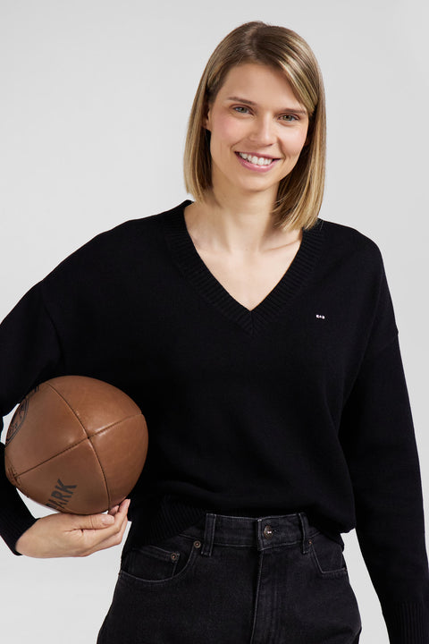 Pull col V en laine et coton noir coupe Relaxed - Image 3