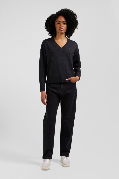 Pull col V en laine et coton gris foncé chiné coupe Relaxed - Image 1