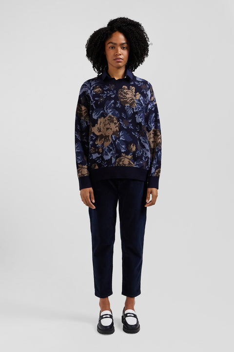 Oversize navy wool and cotton crew neck jumper with floral patterns - Image 1