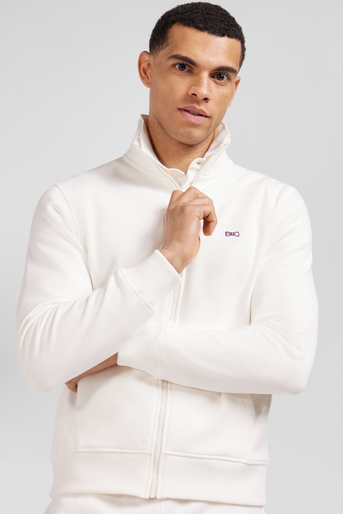 Regular ecru zipped brushed cotton fleece sweatshirt with high top collar