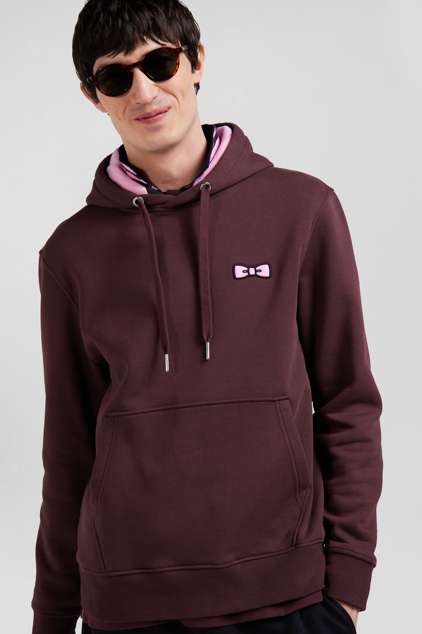 Regular burgundy brushed cotton fleece hoodie with Eden Park embroidery