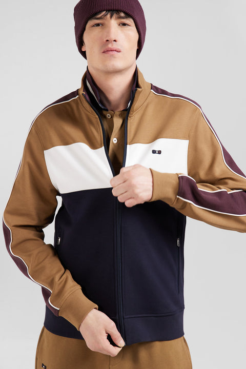 Colorblock zip-up sweatshirt in hazelnut cotton blend, regular fit - Image 3