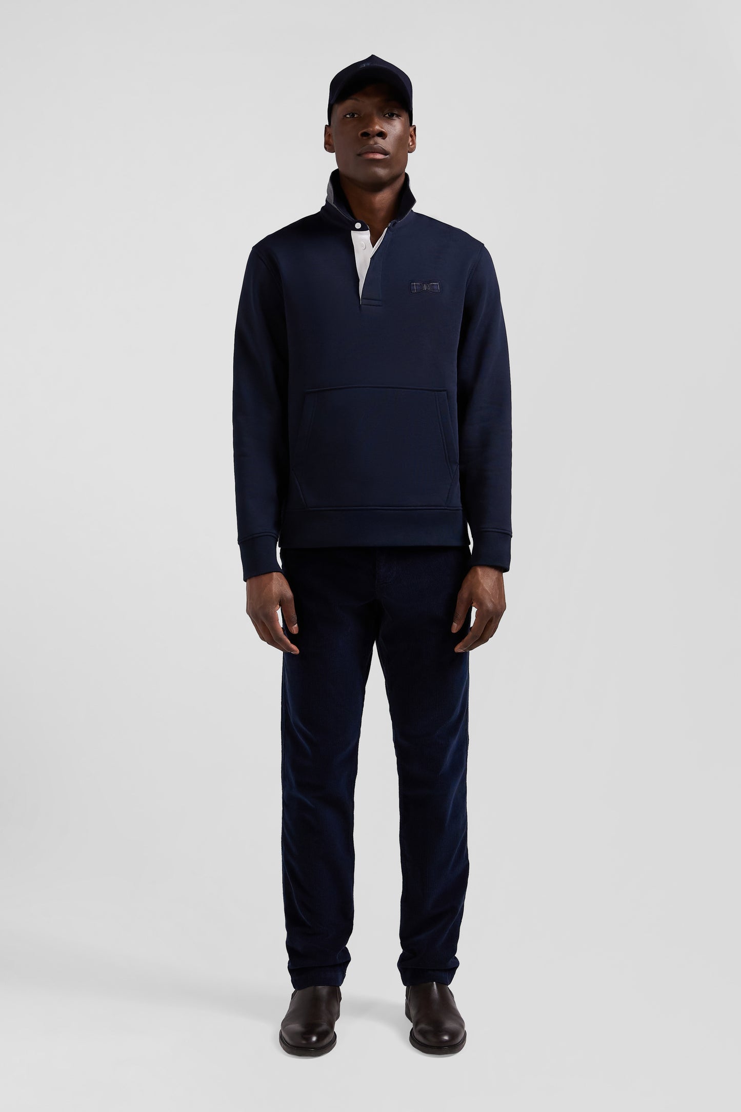 Relaxed navy blue cotton blend sweatshirt with checked patchwork and rugby shirt collar