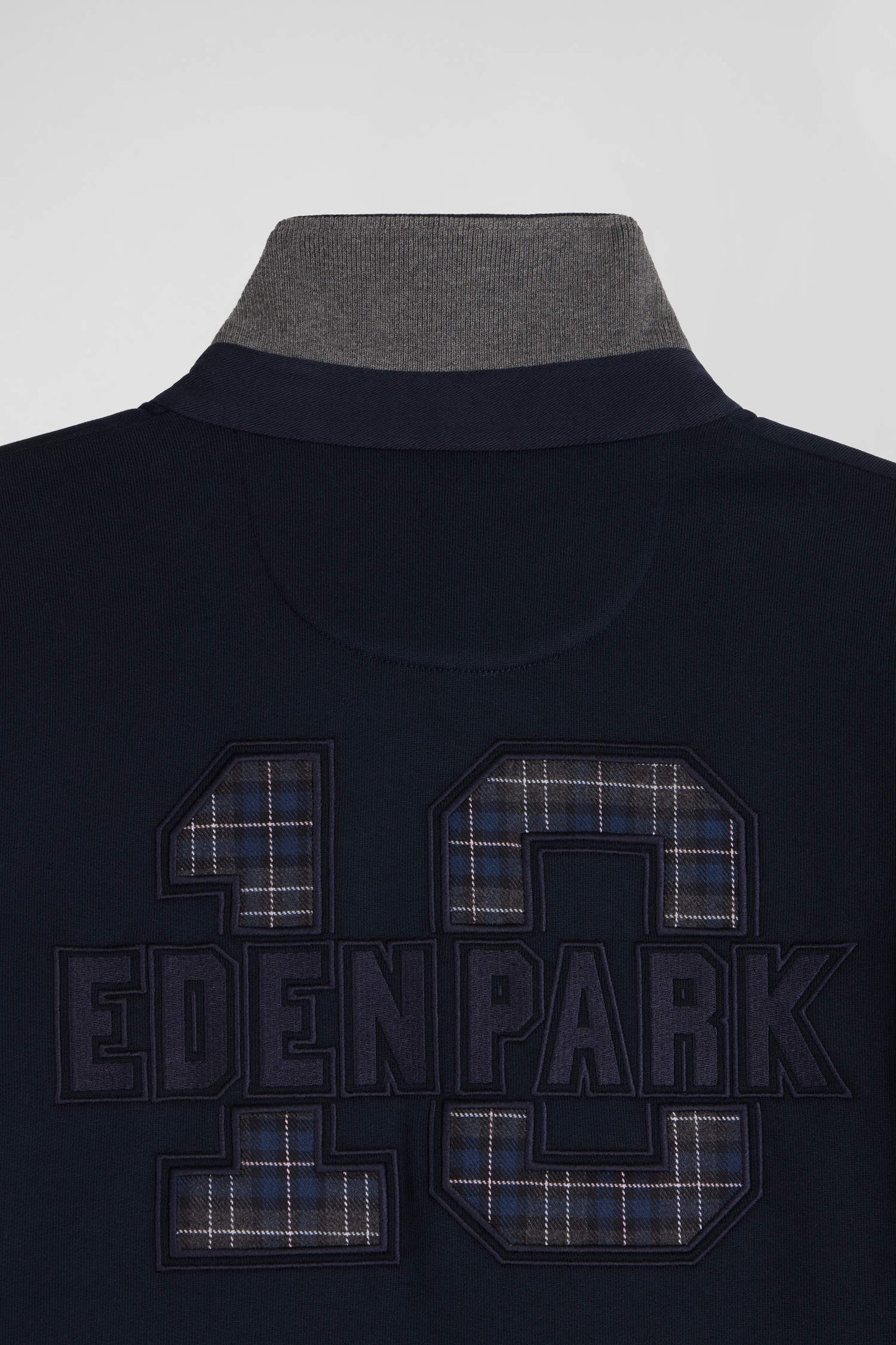 Relaxed navy blue cotton blend sweatshirt with checked patchwork and rugby shirt collar