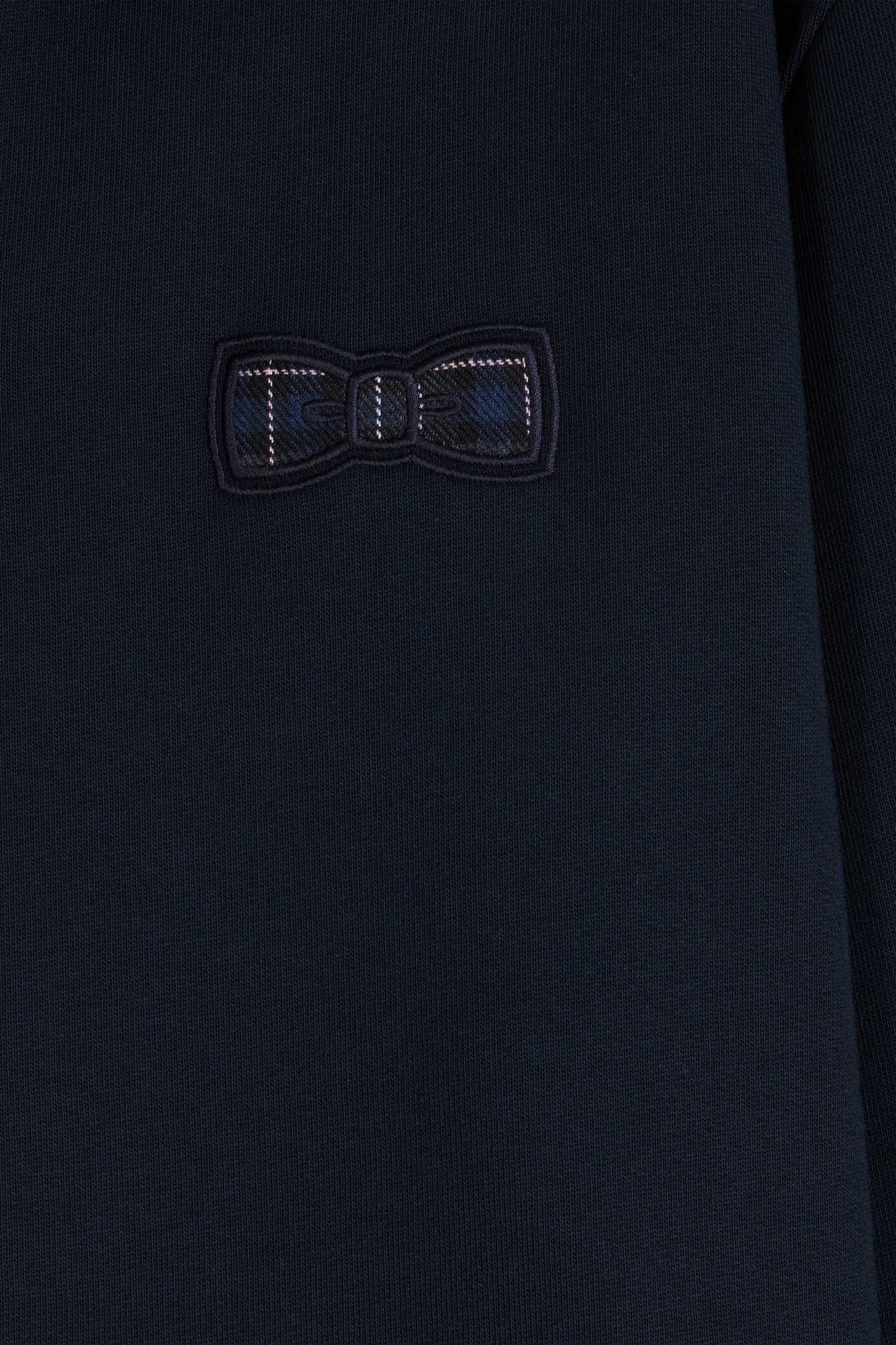 Relaxed navy blue cotton blend sweatshirt with checked patchwork and rugby shirt collar