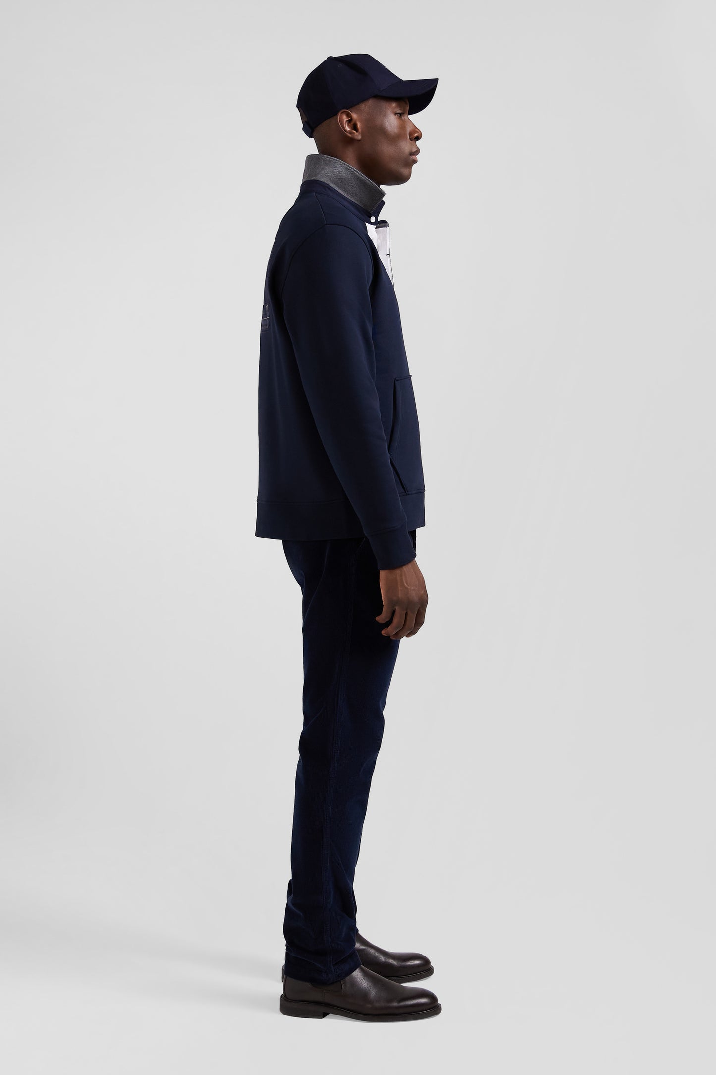 Relaxed navy blue cotton blend sweatshirt with checked patchwork and rugby shirt collar