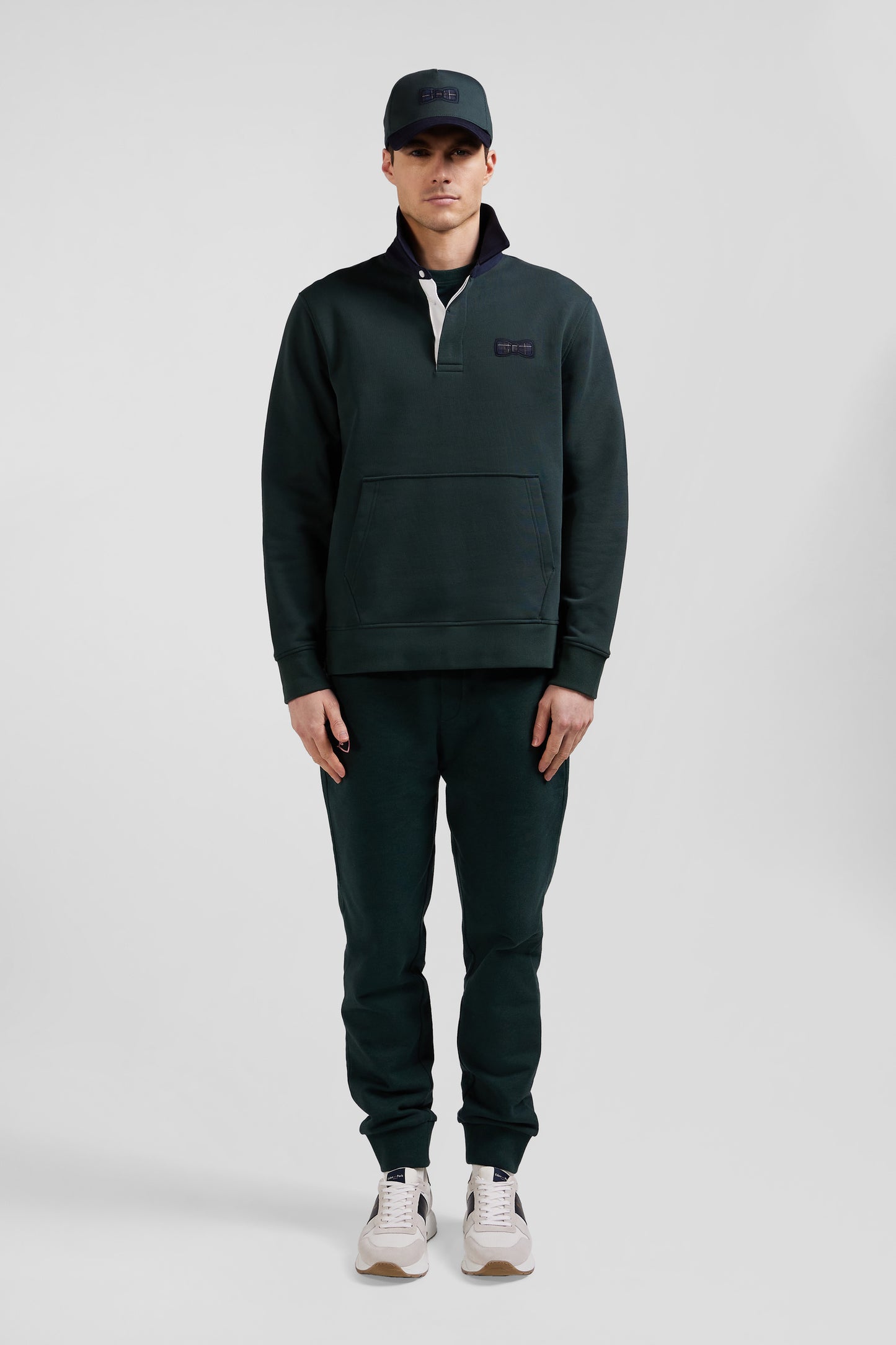 Relaxed green cotton blend sweatshirt with checked patchwork and rugby shirt collar