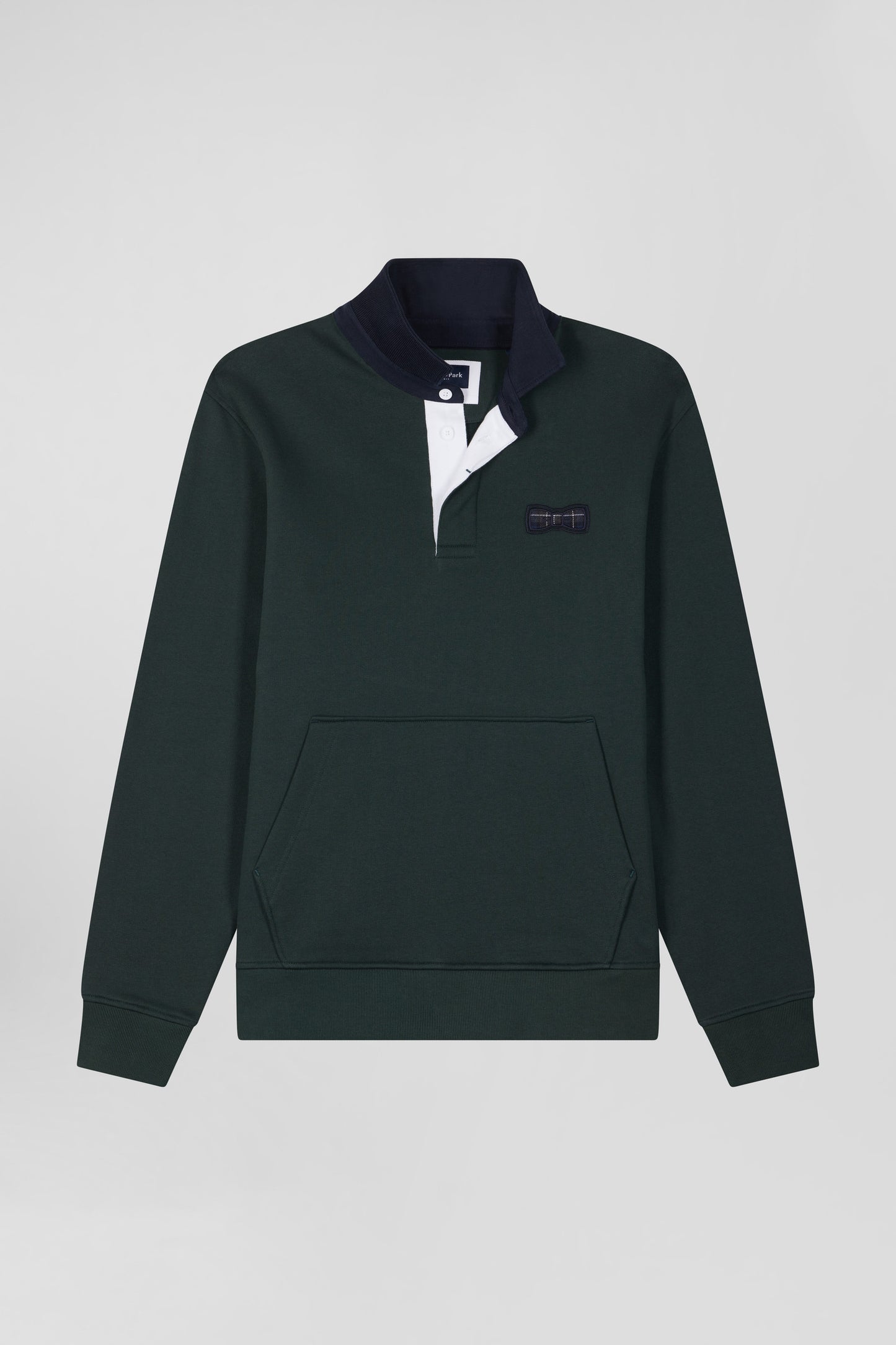 Relaxed green cotton blend sweatshirt with checked patchwork and rugby shirt collar
