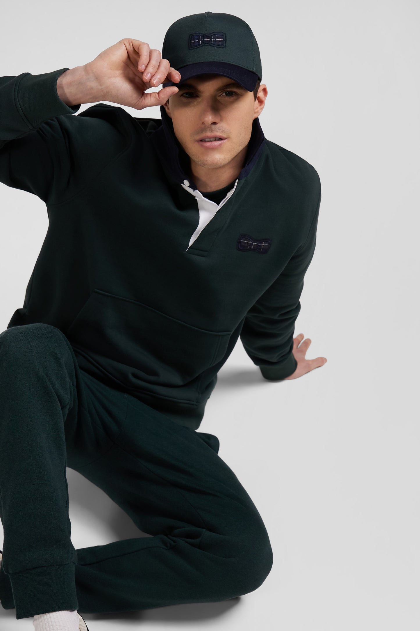Relaxed green cotton blend sweatshirt with checked patchwork and rugby shirt collar