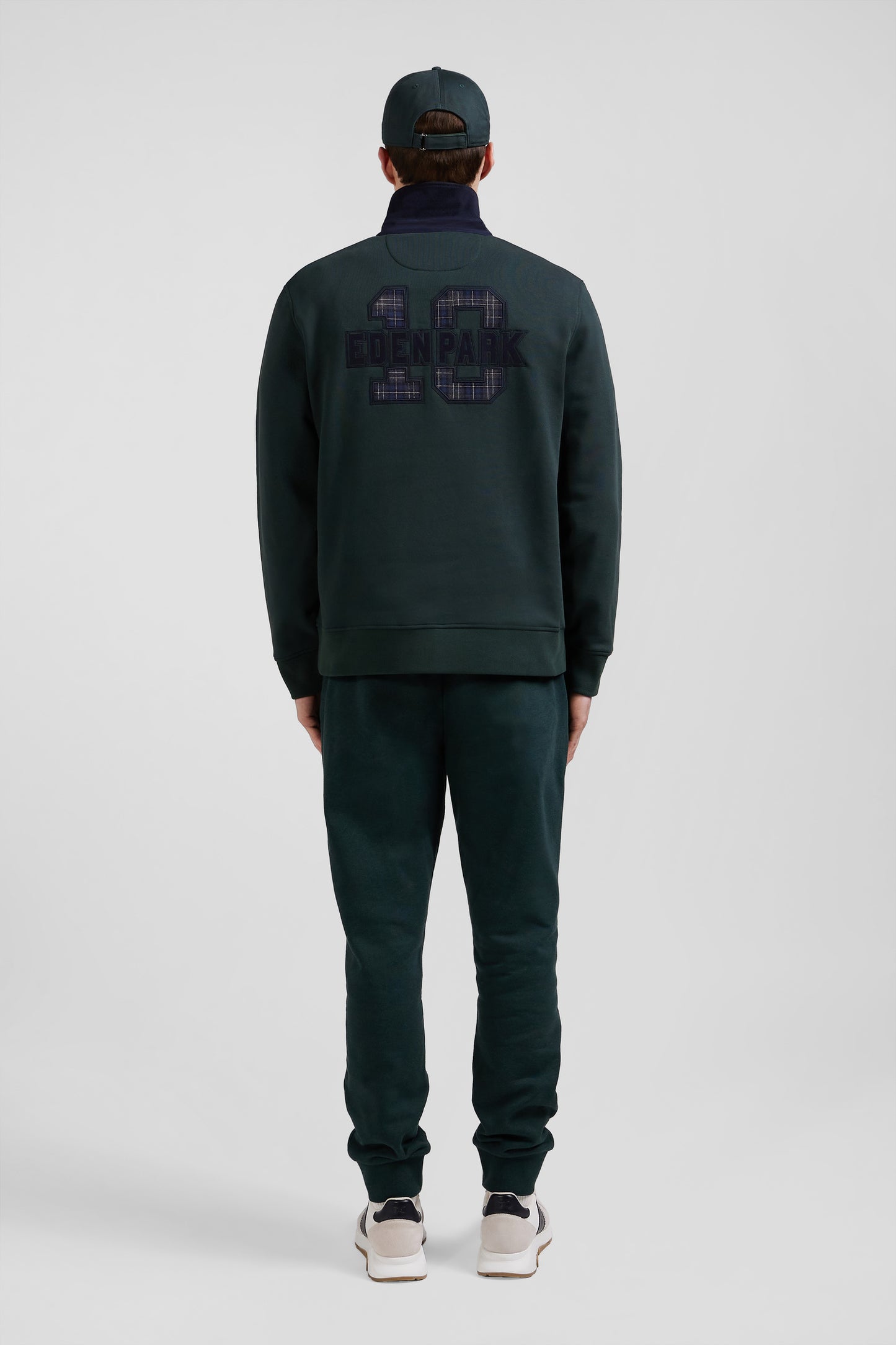 Relaxed green cotton blend sweatshirt with checked patchwork and rugby shirt collar