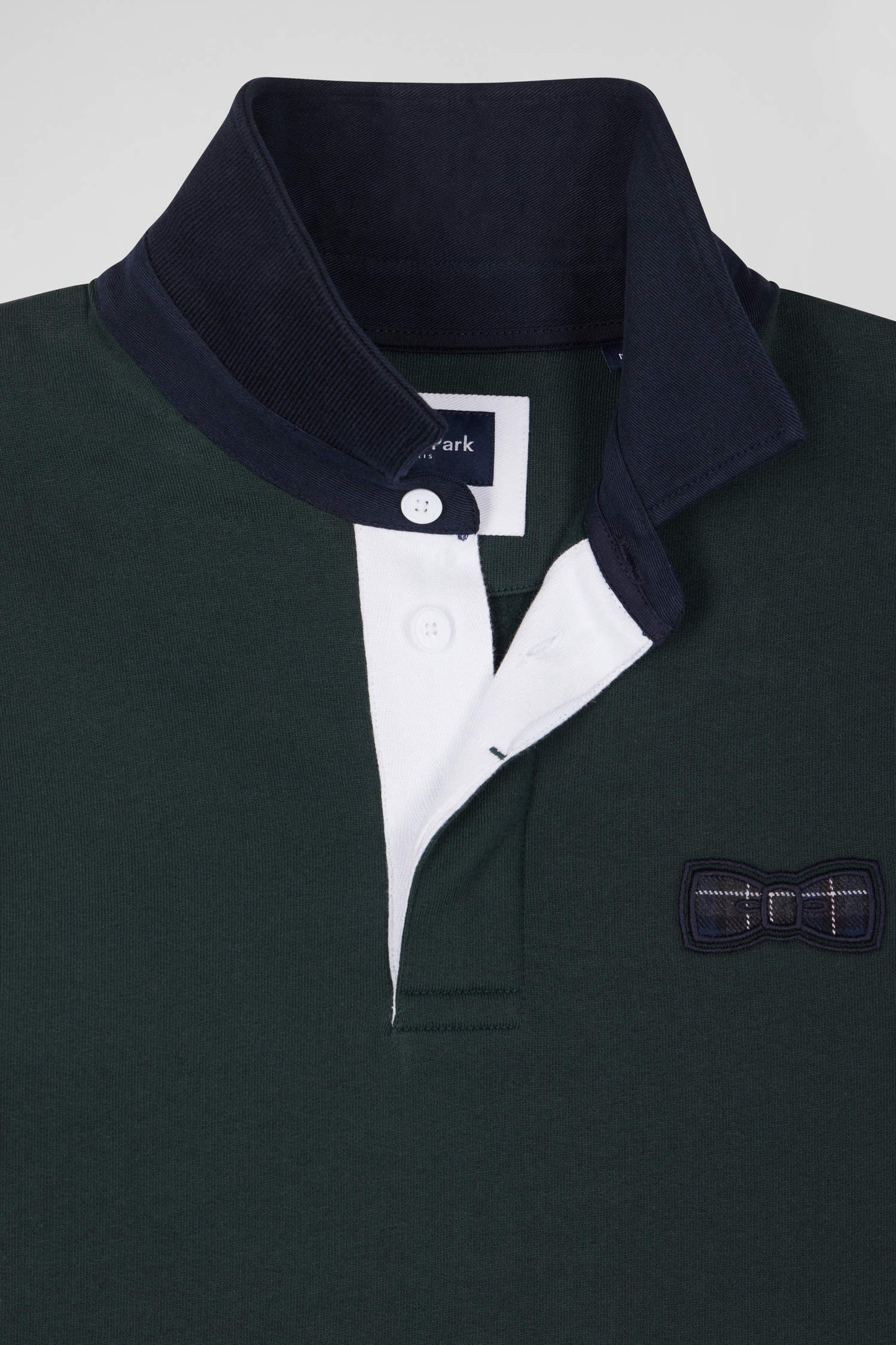Relaxed green cotton blend sweatshirt with checked patchwork and rugby shirt collar