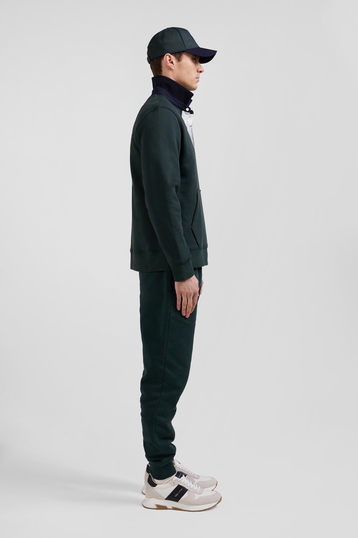 Relaxed green cotton blend sweatshirt with checked patchwork and rugby shirt collar