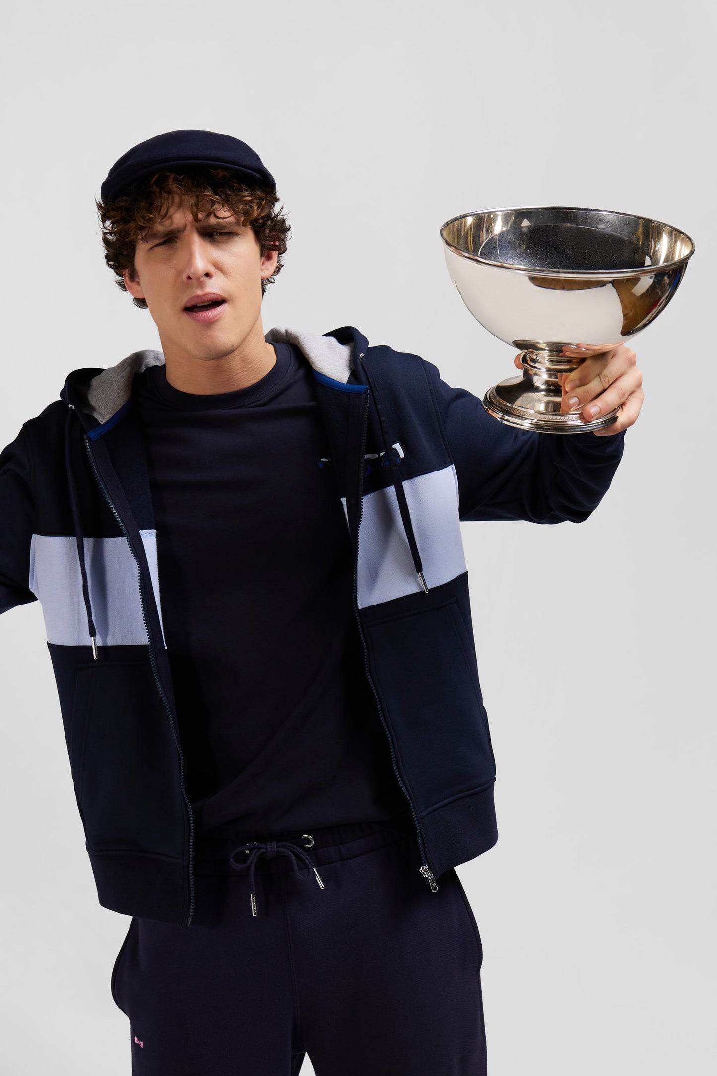 Regular sky blue zipped cotton hoodie