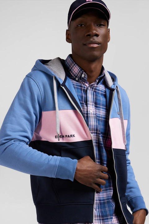 Regular blue colorblock zipped cotton hoodie - Image 3