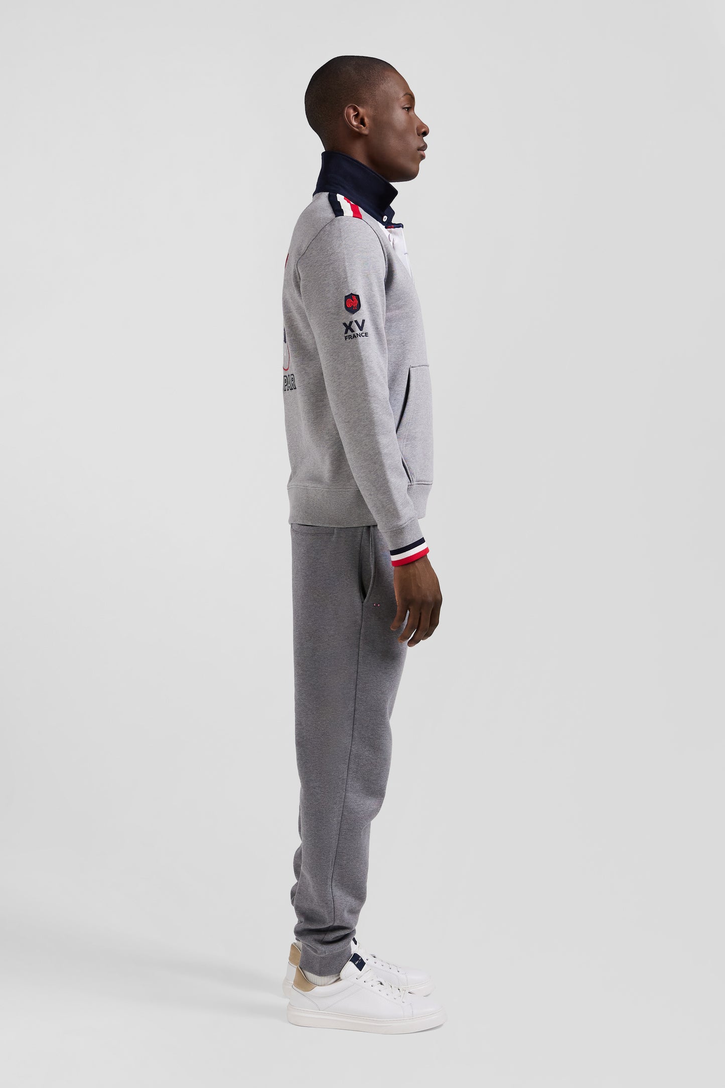 Regular mottled grey XV de France cotton sweatshirt with rugby shirt collar
