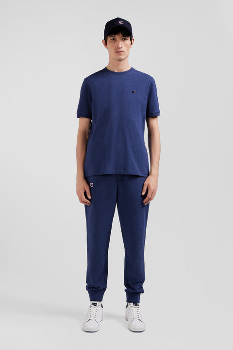 Regular blue short-sleeved cotton T-shirt with emblem embroidery - Image 1