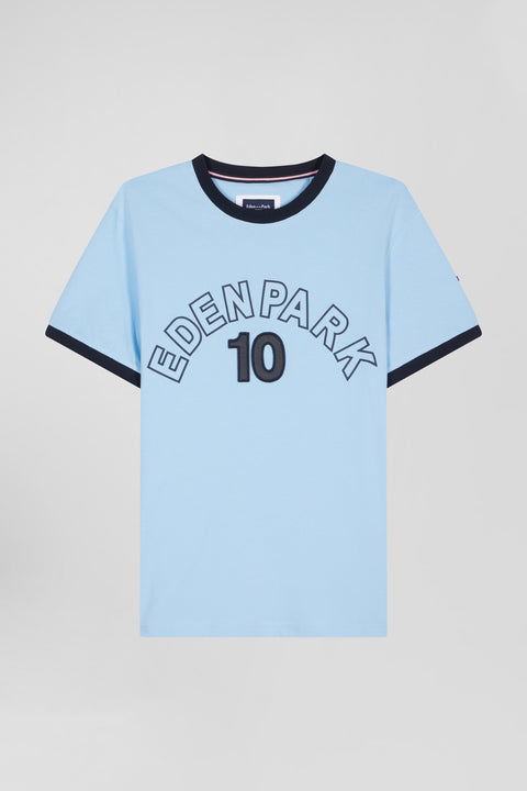 Relaxed sky blue bicolor short-sleeved cotton T-shirt with Eden Park 10 print - Image 2