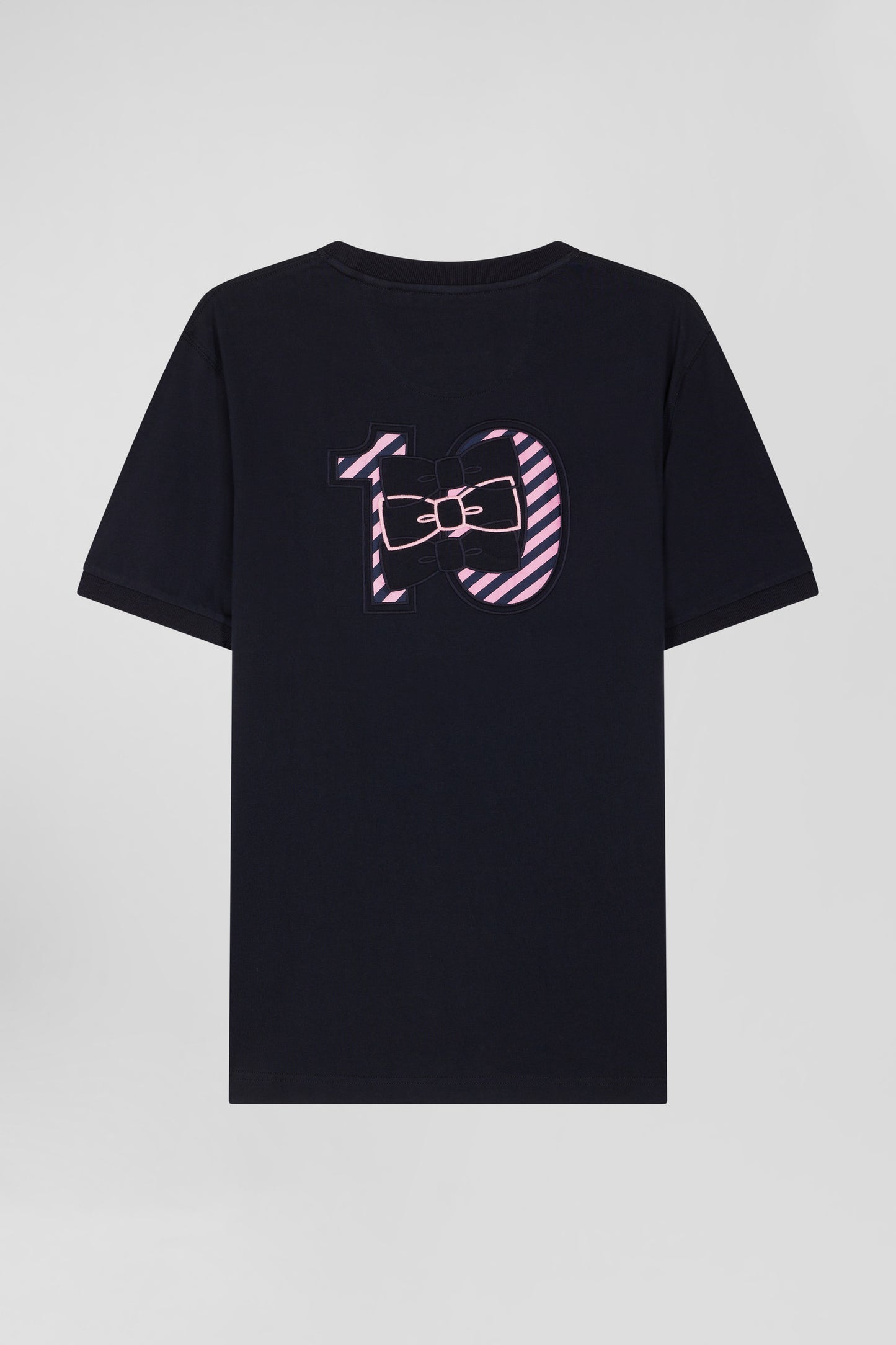Regular navy short-sleeved cotton T-shirt with striped embroidery