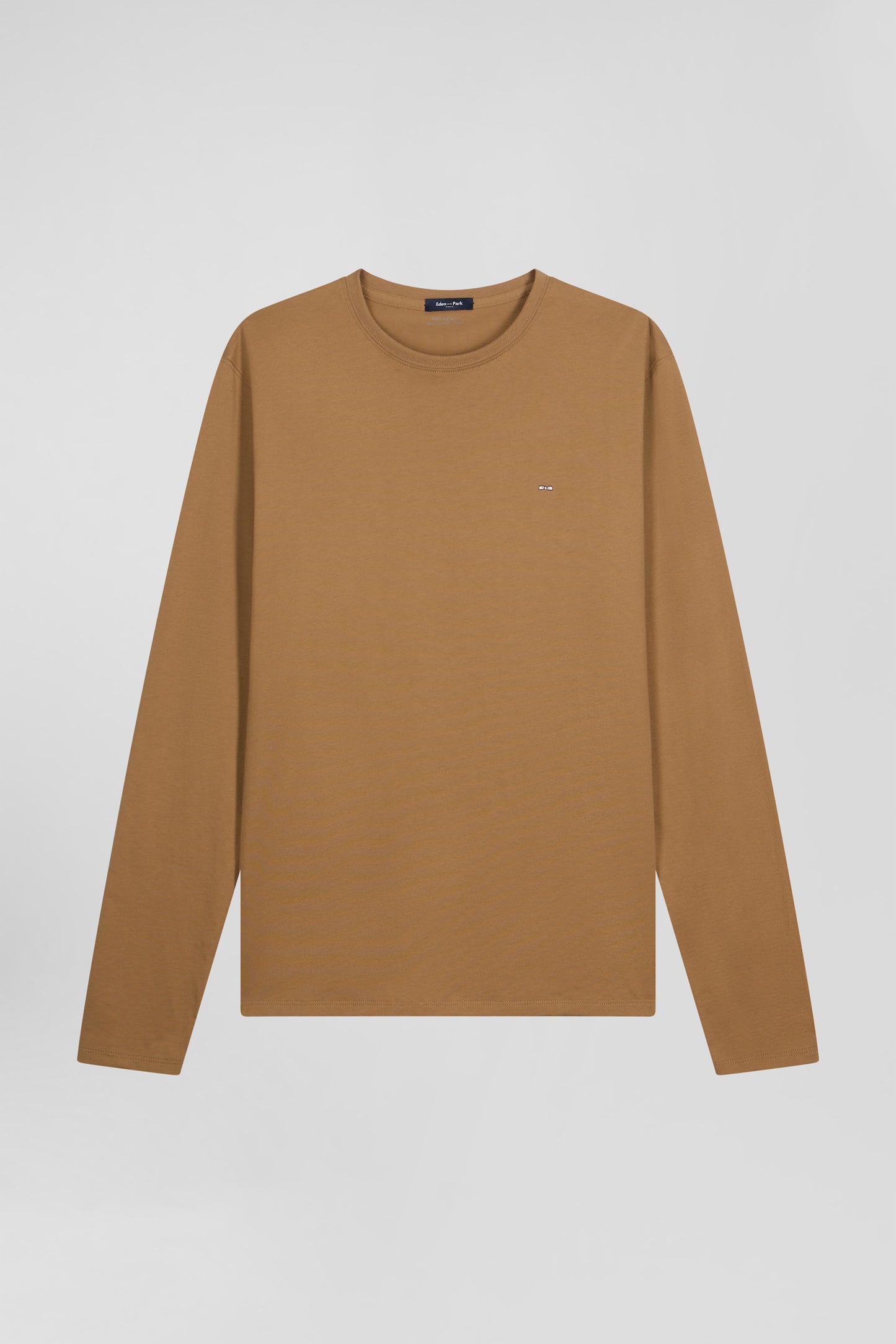 Plain long-sleeved T-shirt in hazelnut cotton, regular fit