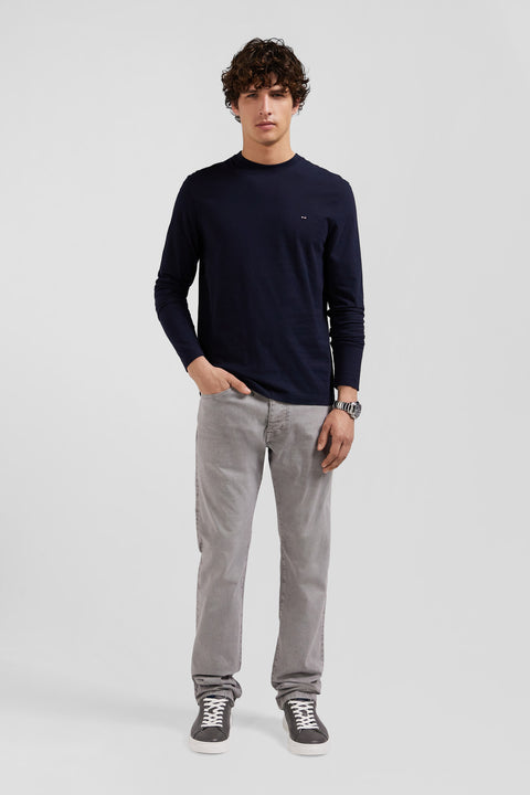 Regular navy blue long-sleeved cotton T-shirt with floral back patch - Image 1