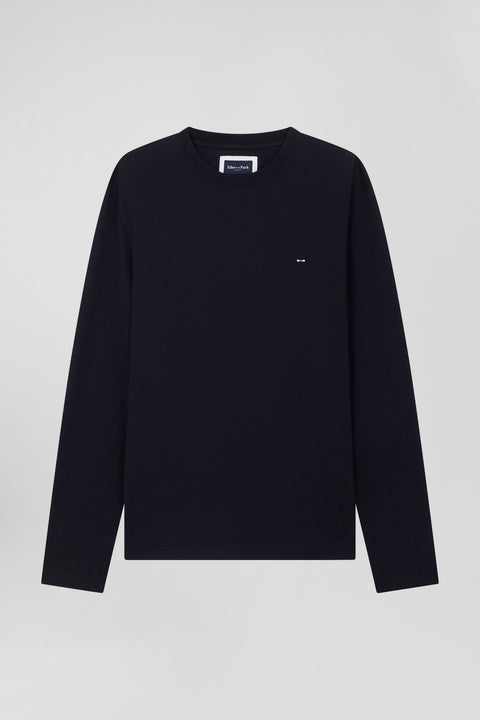 Regular navy blue long-sleeved cotton T-shirt with floral back patch - Image 2
