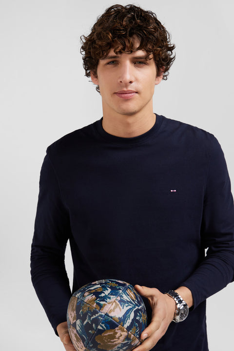 Regular navy blue long-sleeved cotton T-shirt with floral back patch - Image 3