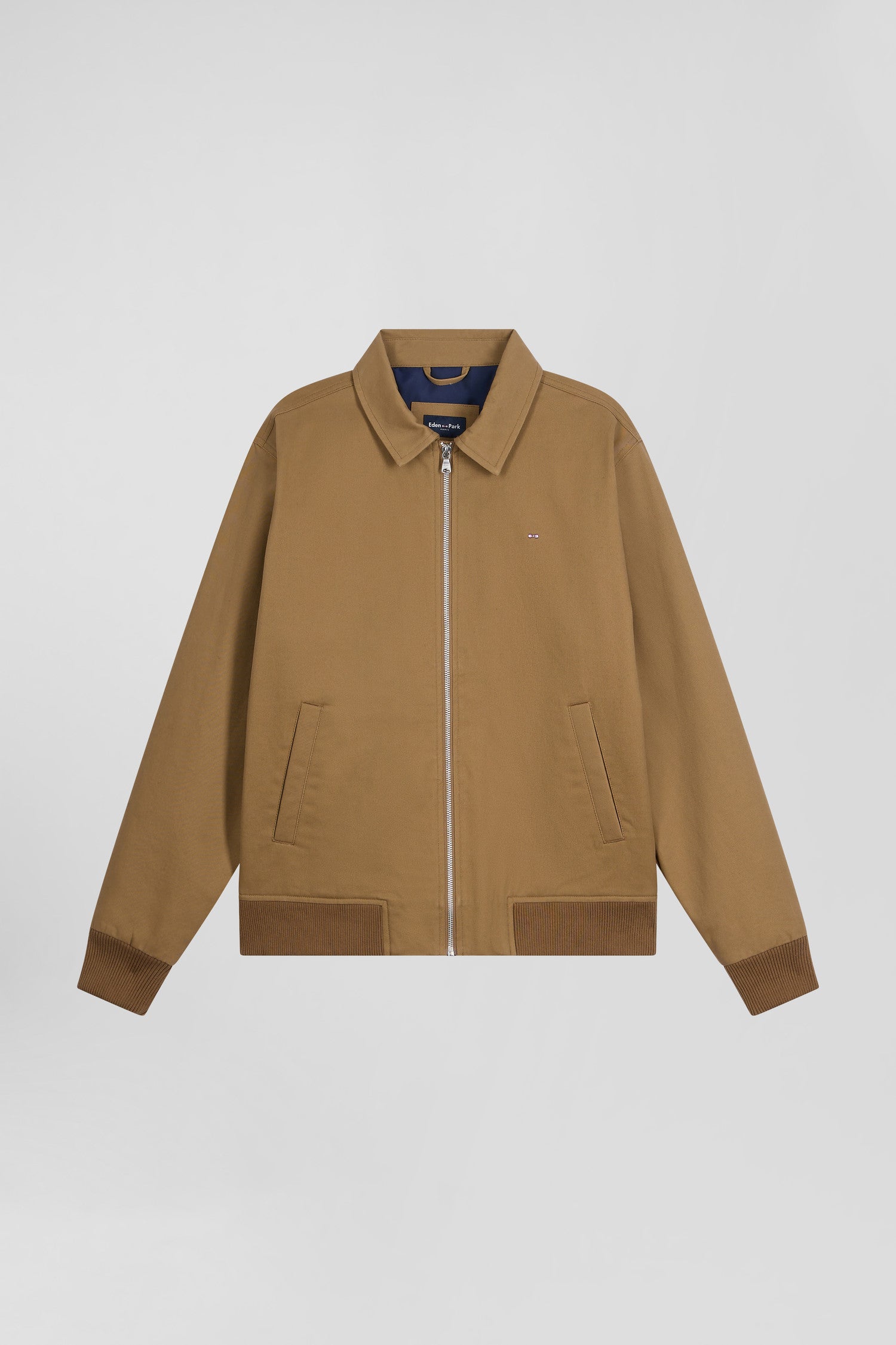 Zip jacket with shirt collar in hazelnut cotton gabardine – Eden Park