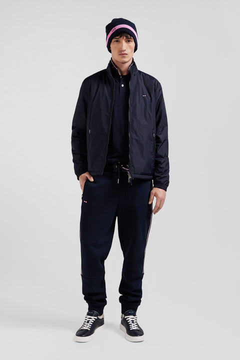 Navy blue matte nylon windbreaker with striped back embroidery - Image 1