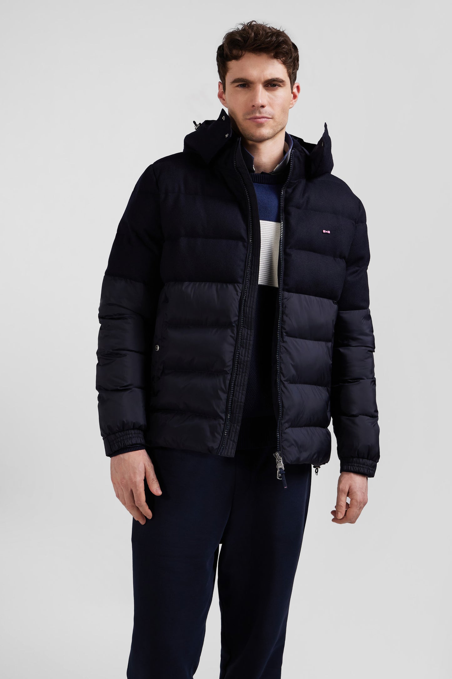 Navy blue flannel and nylon down jacket