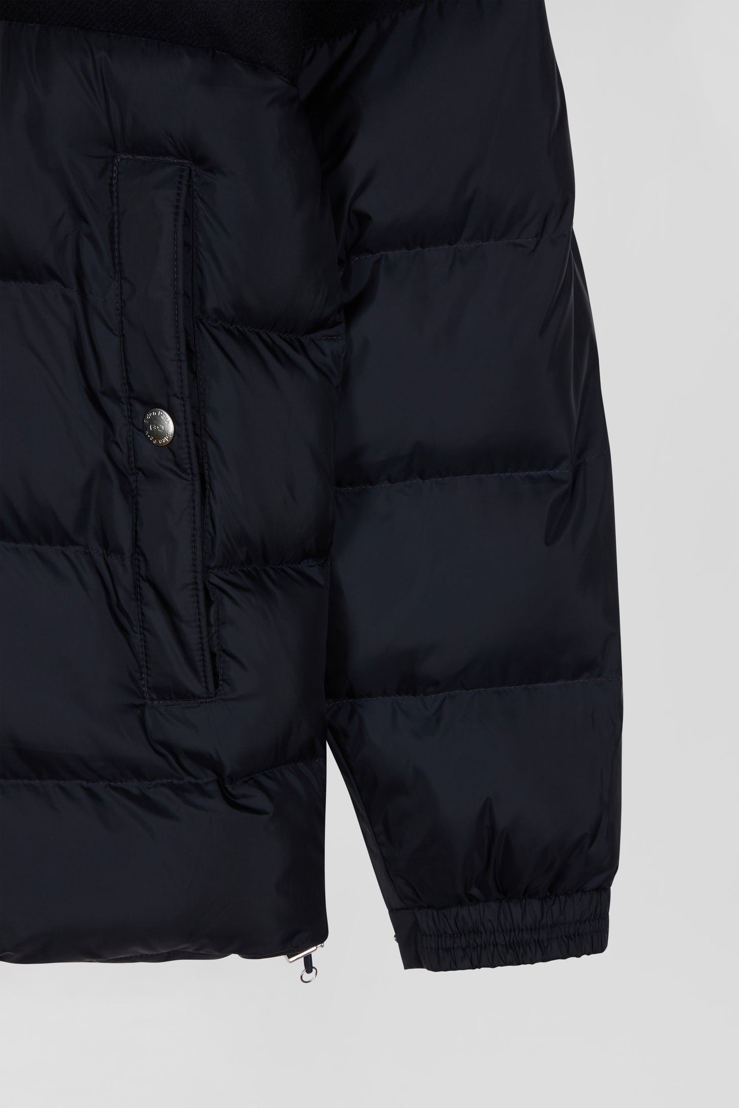 Navy blue flannel and nylon down jacket