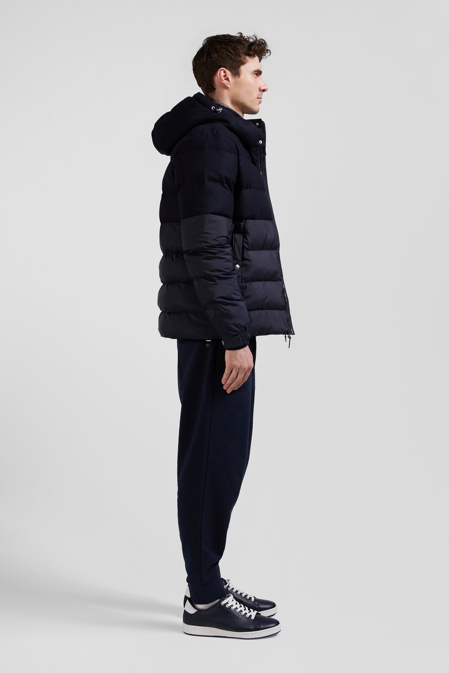 Navy blue flannel and nylon down jacket