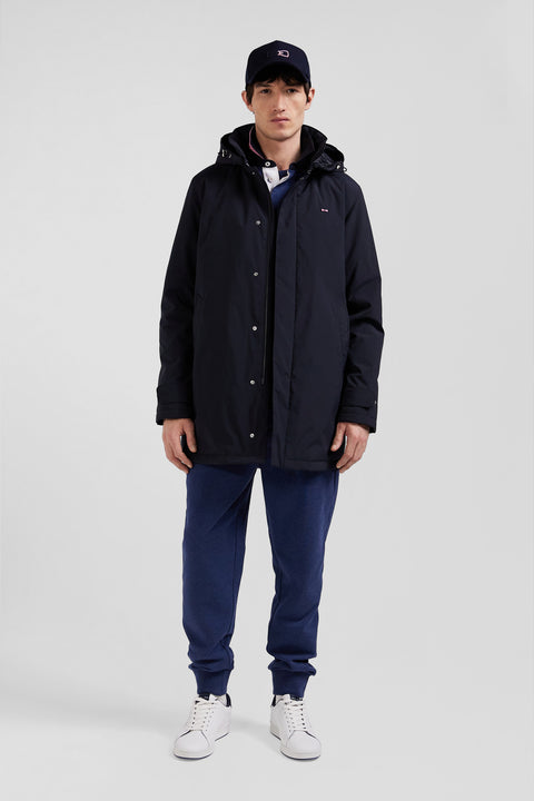 Navy blue hooded nylon raincoat - Image 1