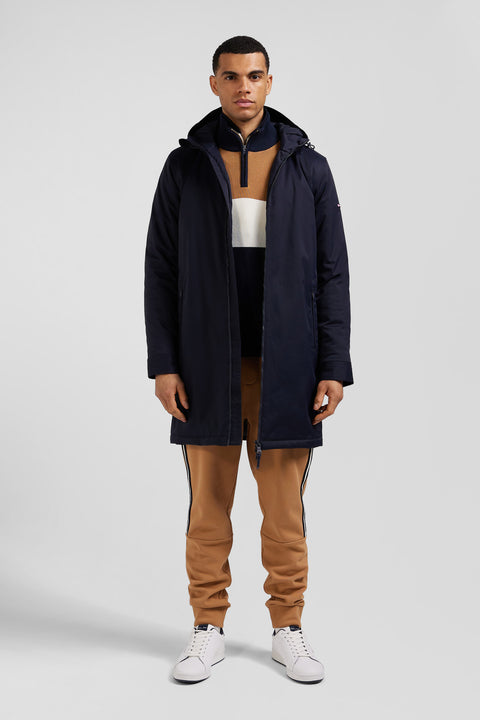 Navy blue long hooded nylon parka - Image 1