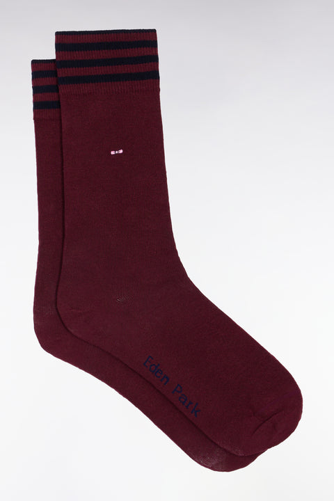 Chaussettes en coton stretch mélangée bordeaux à bordures rayées - Image 1