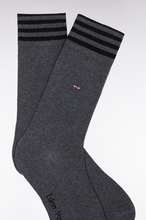Chaussettes en coton stretch mélangée grises à bordures rayées - Image 2