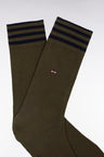 Chaussettes en coton stretch mélangée kaki à bordures rayées