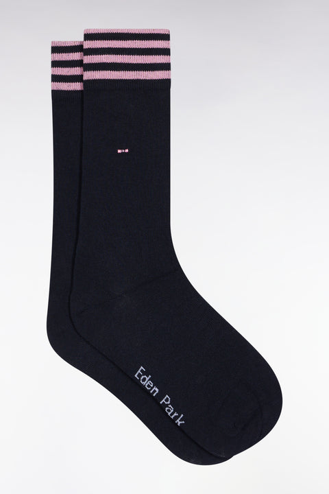 Chaussettes en coton stretch mélangée marine à bordures rayées - Image 1