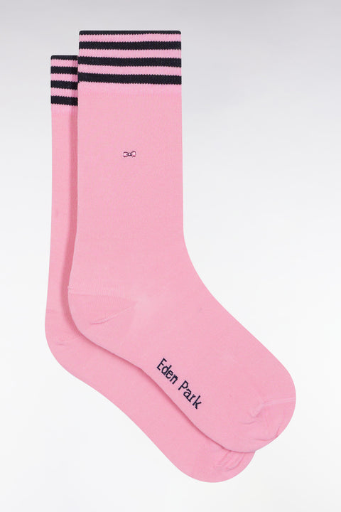 Chaussettes en coton stretch mélangée roses à bordures rayées - Image 1