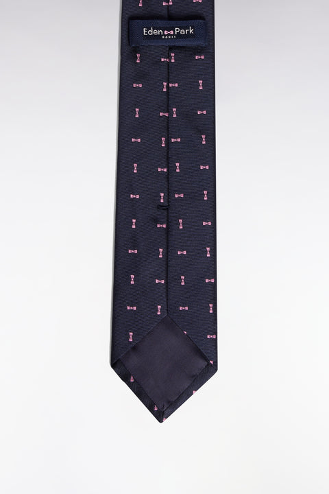 Cravate en soie marine à micro-motifs nœud papillon rose - Image 2